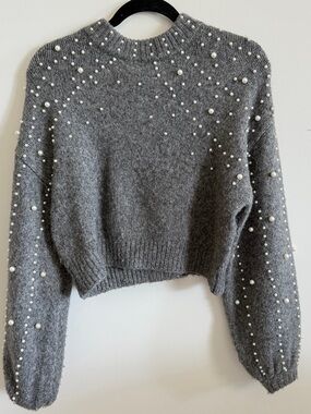 Zara Gray Pearl-Embellished Cropped Turtleneck Sweater
